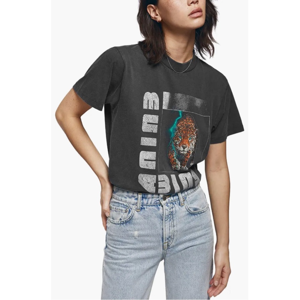 Anine Bing Wild Cat (Leopard) Graphic Tee, Washed Black, Size XS